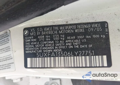 2006 BMW X5 3.0I z USA, uszkodzony, nr VIN 5UXFA13506LY27751